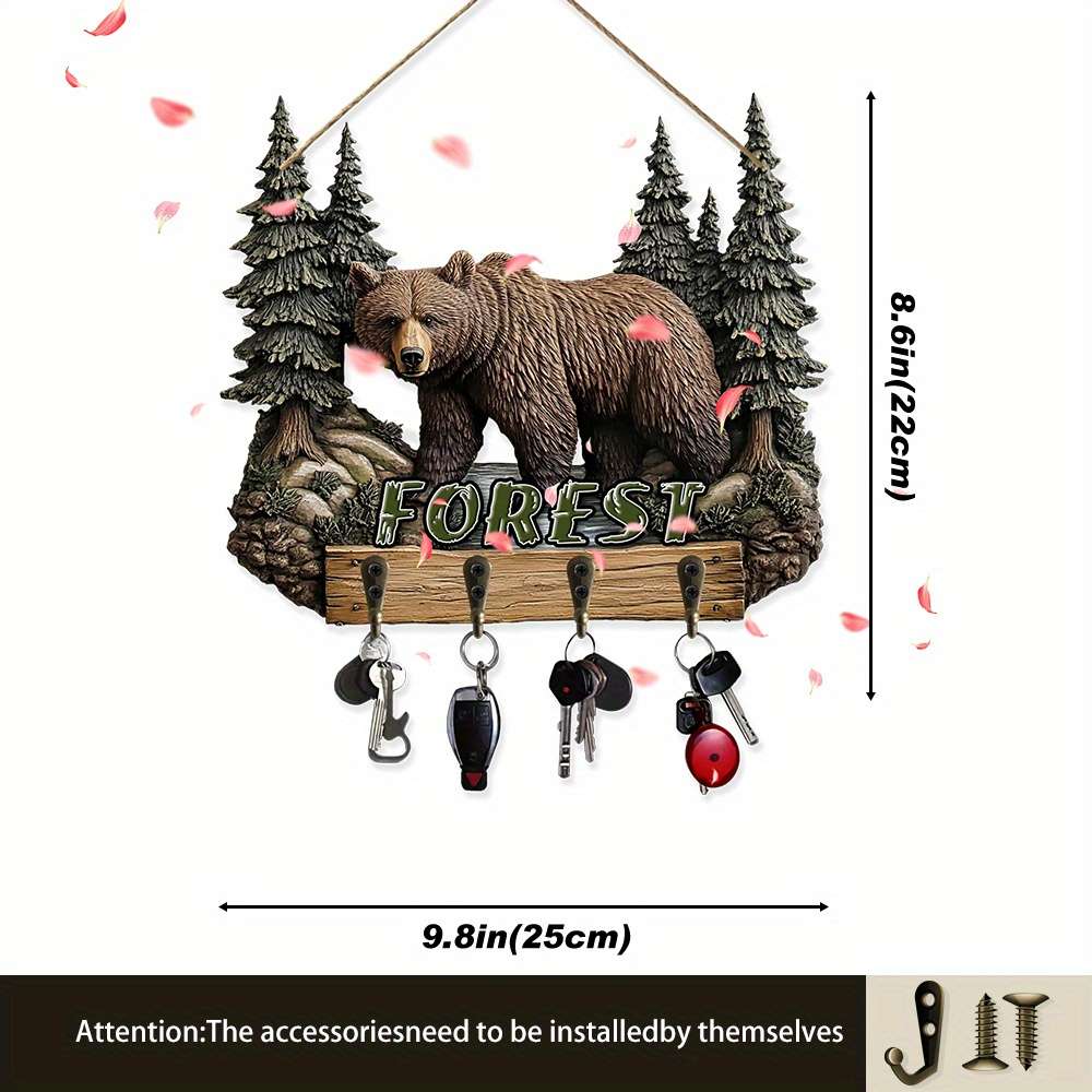 Vintage Forest Bear Wall HookRustic Wooden Key Holder with Brown Bear  Pine Tree Design Perfect