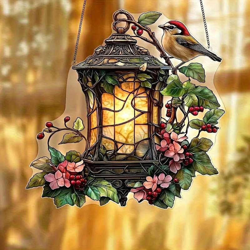 2D Flat Charming Bird And Lantern Colorful Acrylic Pendant 5.9X5.9 Acrylic Garden-Them