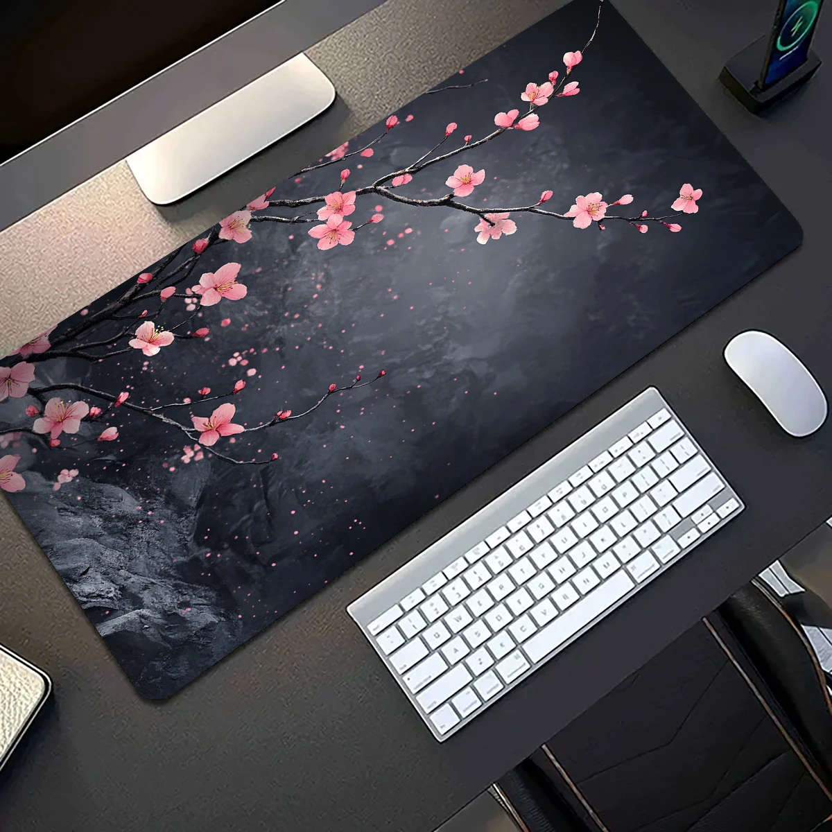 30x80cm Cherry Blossom Gaming Mouse Pad Dark Aesthetic Design with Pink Flowers