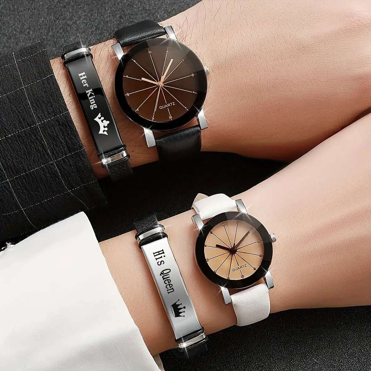 4pcs Set Classic Minimalist Quartz Watch and Bracelet Set Round Alloy Case Faux Leather Band Trendy