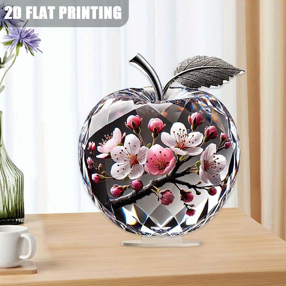 1pc 2D Flat   Printing Art Deco Acrylic Apple Statue with Cherry Blossom Design Universal Holida