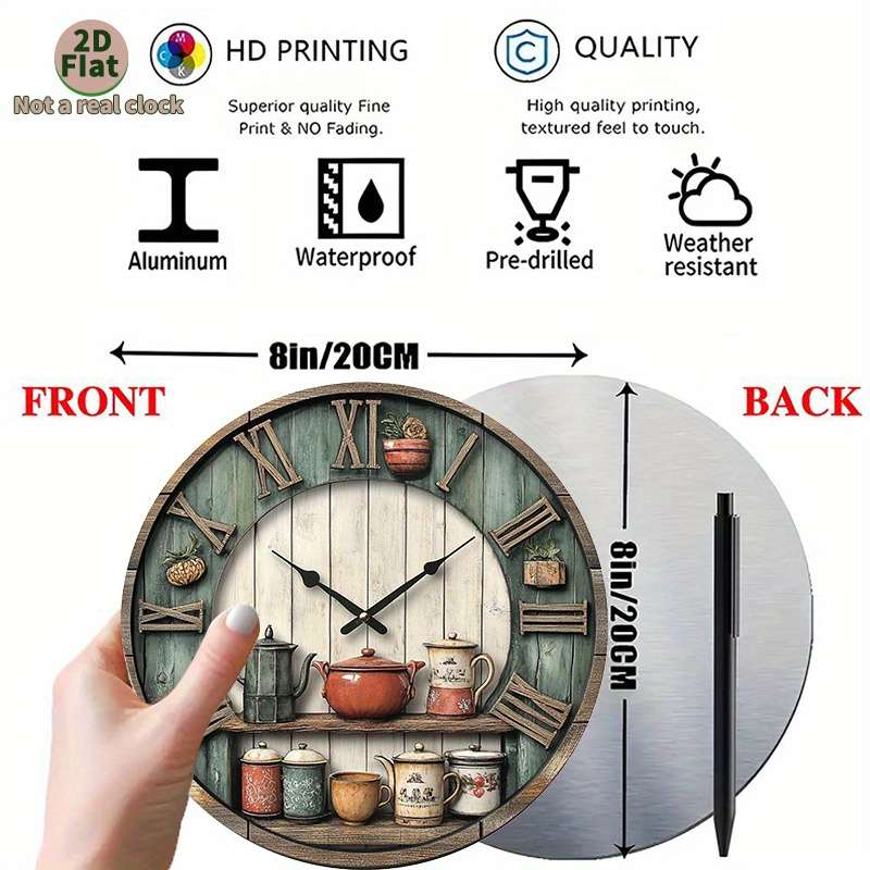 1pc 2D Flat Rustic Farmhouse Kitchen Wall Clock 2D Flat Non-Real Clock Design Vintage Country S