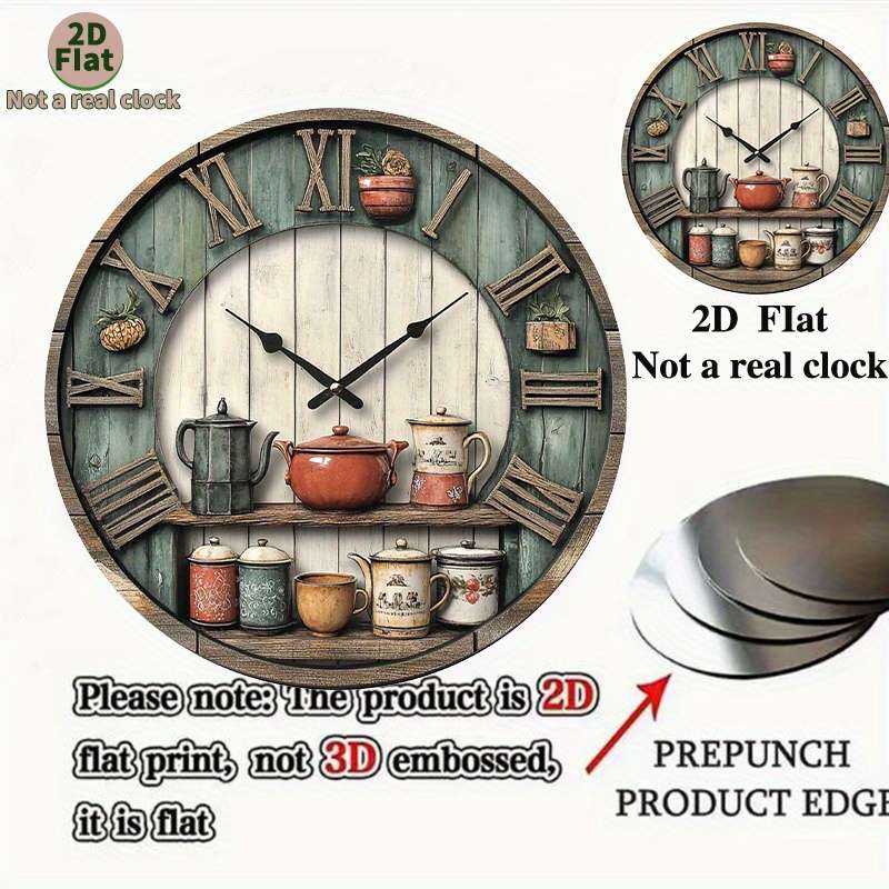 1pc 2D Flat Rustic Farmhouse Kitchen Wall Clock 2D Flat Non-Real Clock Design Vintage Country S