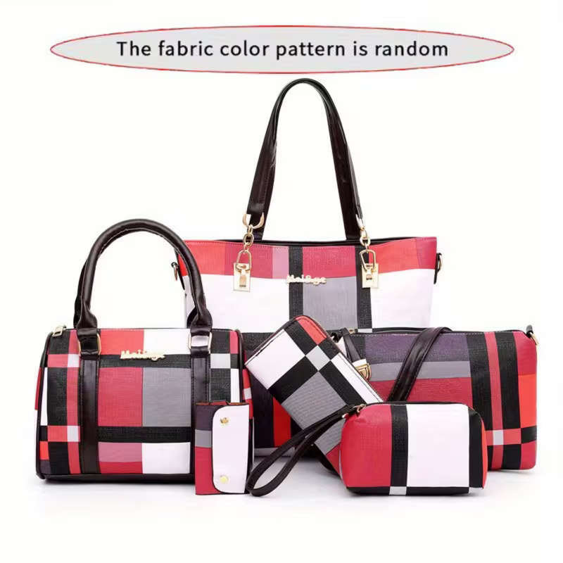 6Pcs Women Plaid Bag Set Tote Crossbody,Clutch Wallets