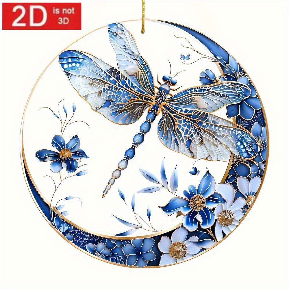 1pc 2D Flat  7.62cm Bohemian Acrylic Dragonfly Sun Catcher with Blue and White Porcelain Design I