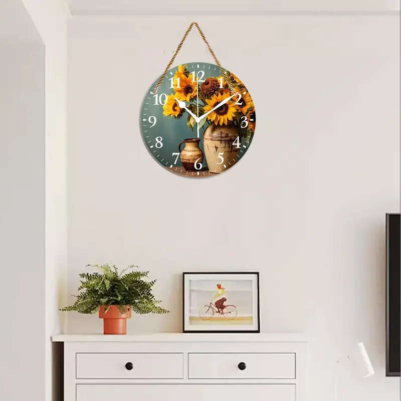 1pc 2D Round Wall Clock Design Wood Sign Vintage Sunflower Yellow Flower Floral Print Print Wall Clo