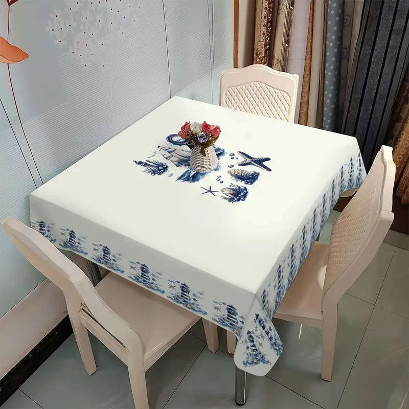 Sailboat Starfish Shell Lighthouse Pattern Table Runner Size 140X180Cm Ocean Theme Polyester