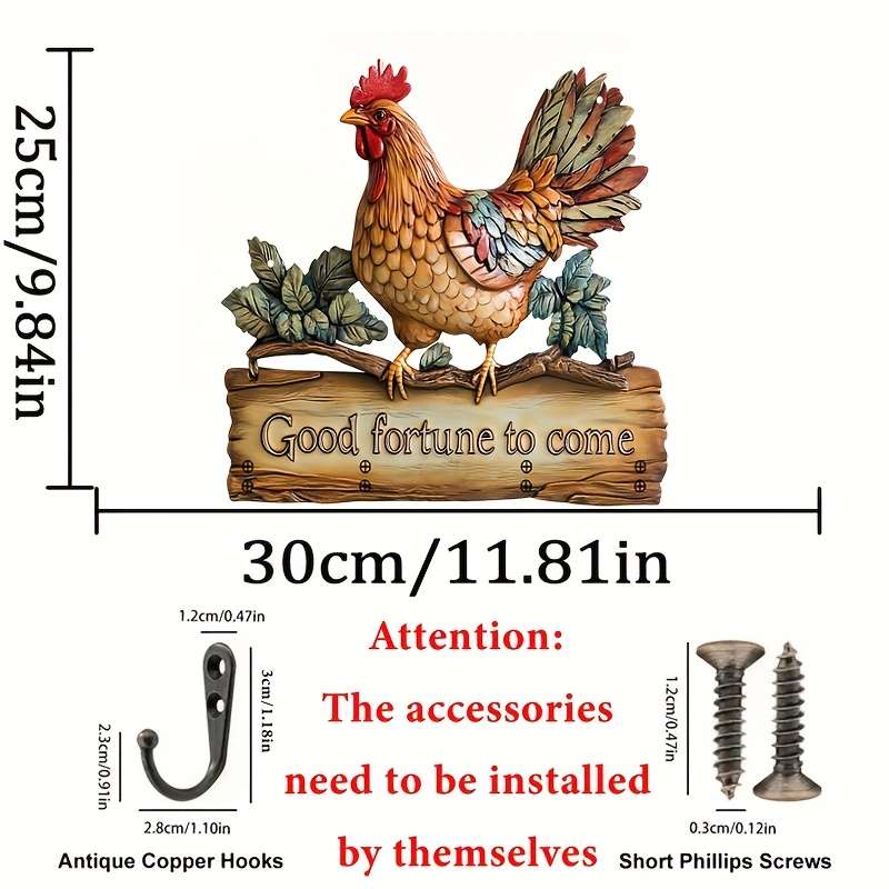 1 piece2Dflat Colorful Chicken Simple Colorful Wooden Household Key Hook with Four Metal Hooks(5.0