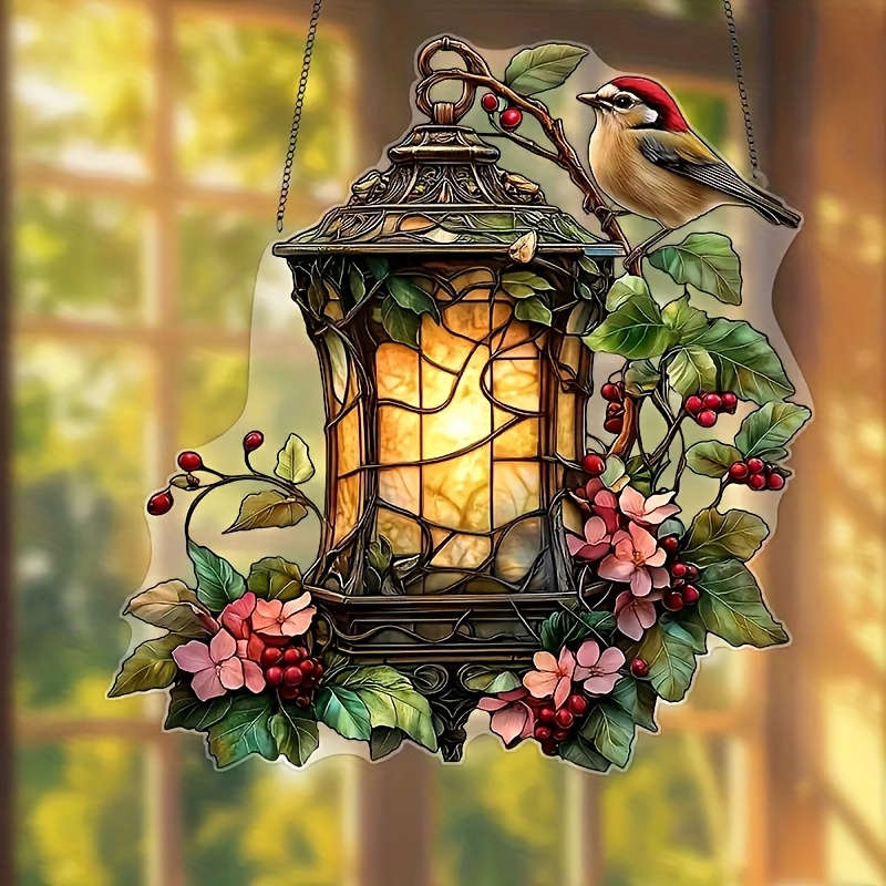2D Flat Charming Bird And Lantern Colorful Acrylic Pendant 5.9X5.9 Acrylic Garden-Them