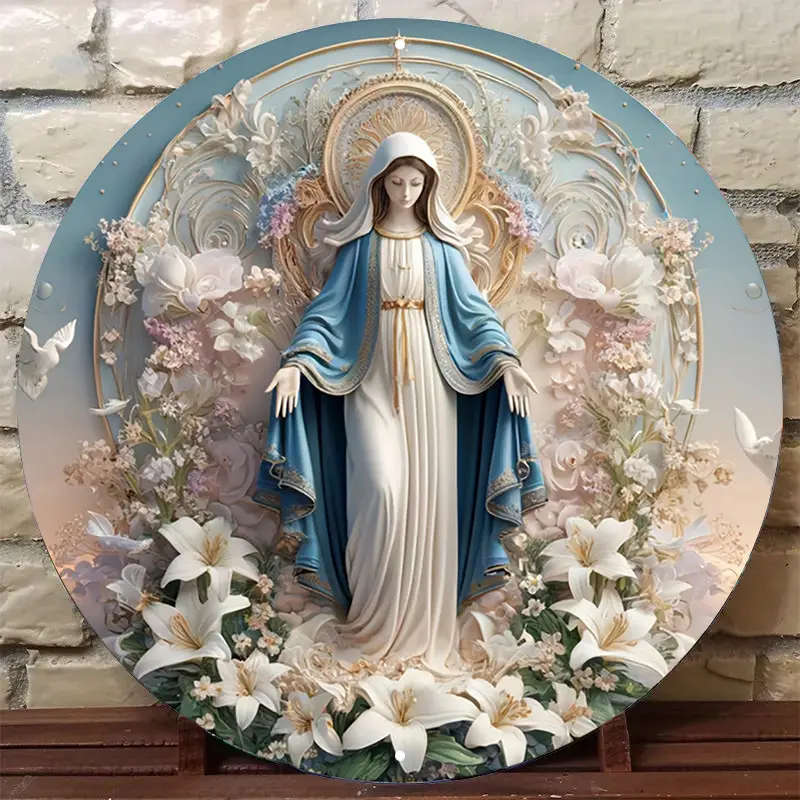 1pc Vintage Metal Sign Virgin Mary with Floral Background Aluminum Round Poster Sacred Imagery Retro