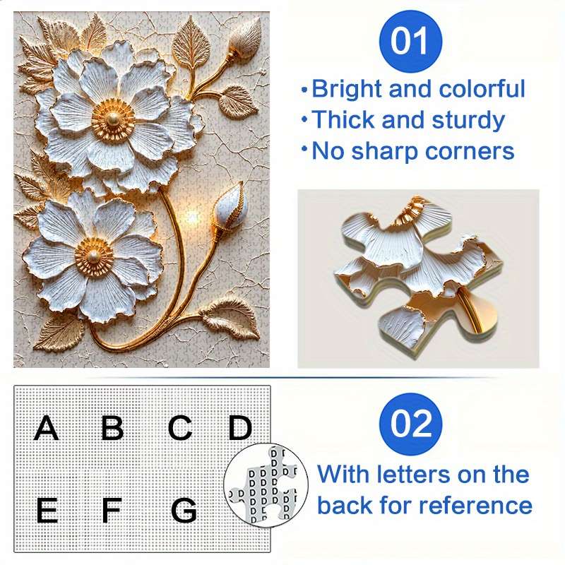 1000pcs Golden-Trimmed White Floral Jigsaw Puzzle Scratch High Quality High-Leve