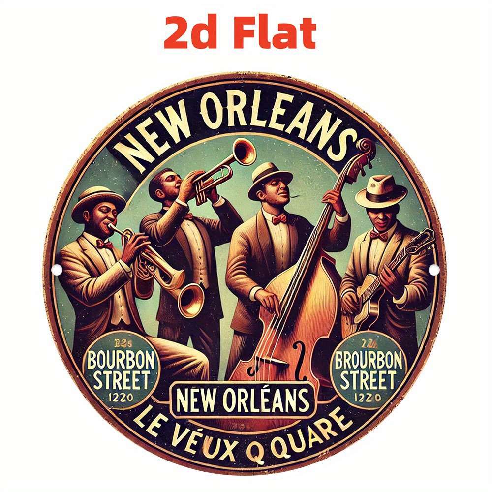 2D Flat Vintage New Orleans Jazz Band 2D Aluminum Wall Art Rustic Round Decorative Plaque W