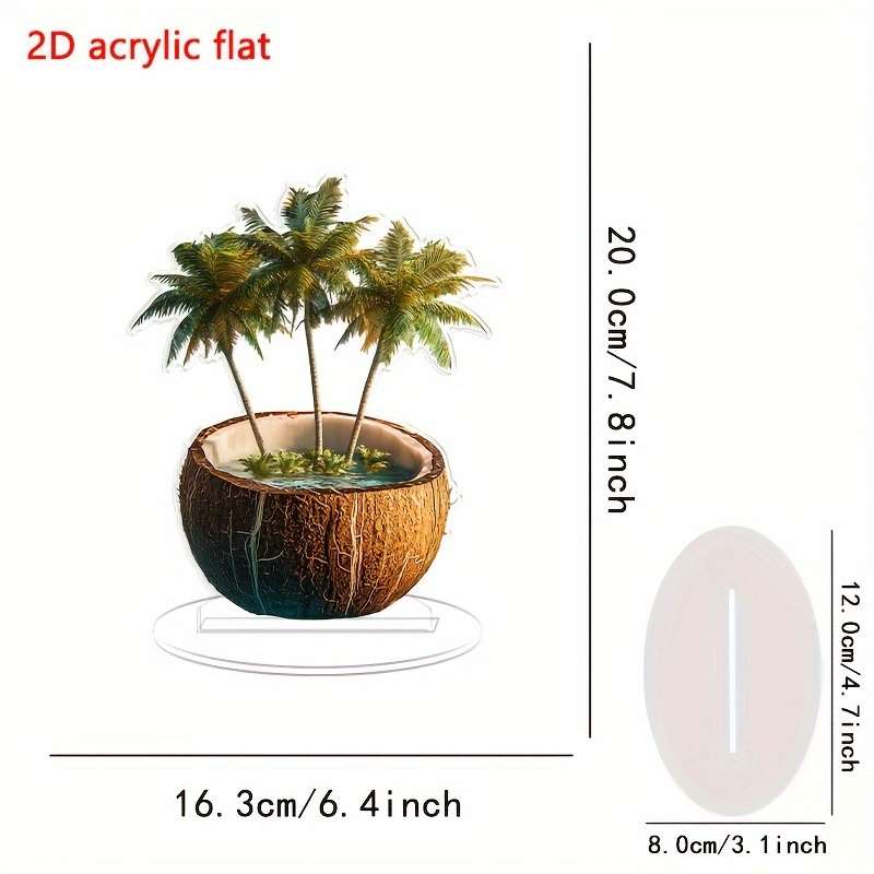 2D Flat Acrylic Coconut Shell Planter With Palm Tree Design Clear Decorative Desktop