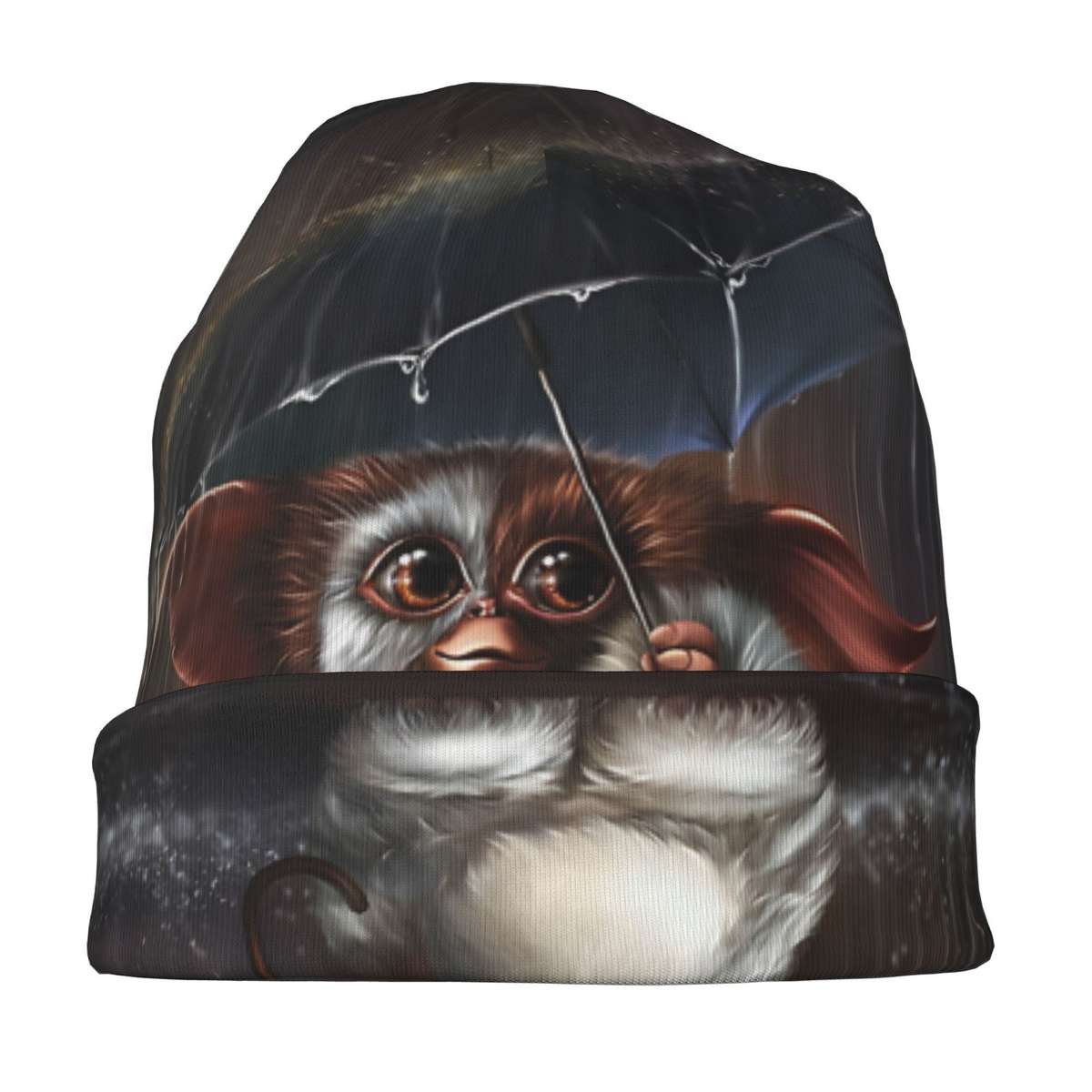 Whimsical Gizmo-Themed Skull Cap Cozy Knit Beanie With Cute Umbrella Rain Design Soft Pol