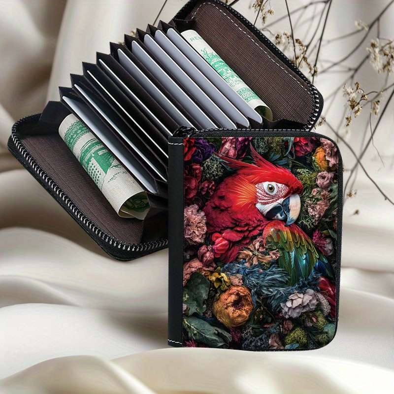Tropical Parrot Print Womens Wallet Vibrant Floral Bird Design Multi-Card Slots Zipp