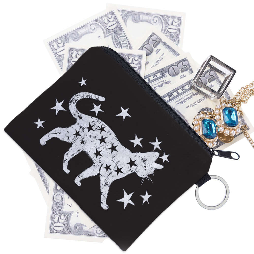 Stylish Black Cat Star Print Polyester Coin Purse C High Quality Portable Zipper Pouch