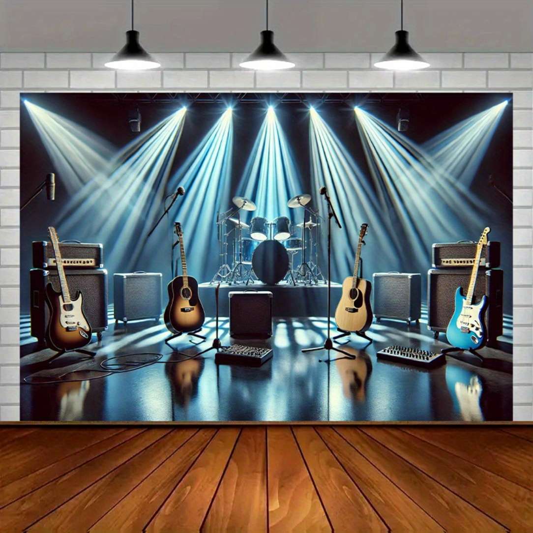1pc  Rock Band Polyester Party Banner Music Stage Instruments Backdrop for Room Decor Studio