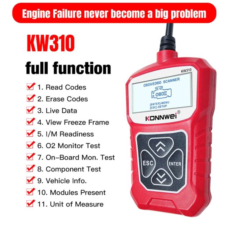 KONNWEI KW310 OBD Car Fault Detector Code Reader ELM327 OBD2 Scanner Diagnostic Tool(Red)