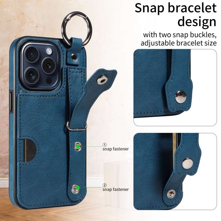 For iPhone 15 Pro Calf Texture Wrist Card Slot Ring Phone Case(Blue)