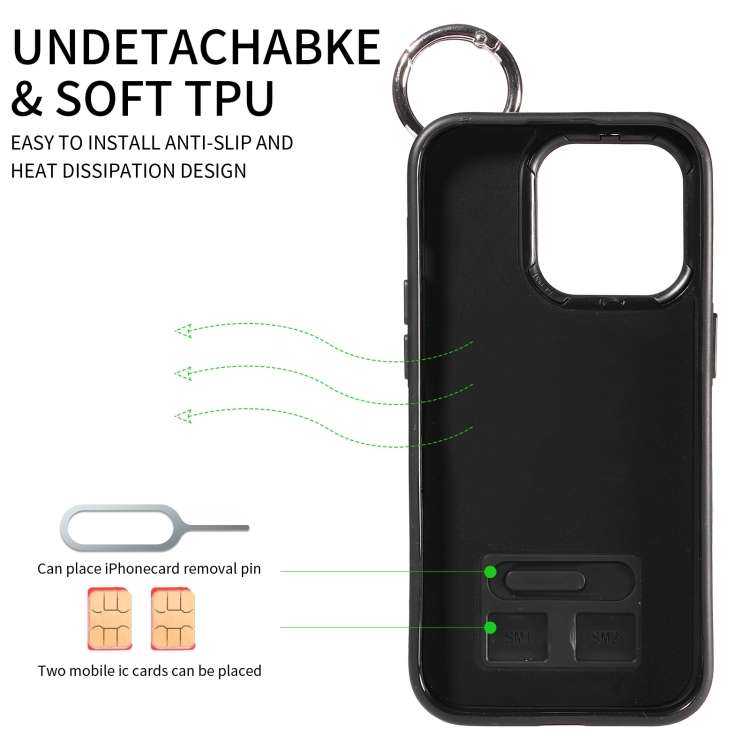 For iPhone 15 Pro Calf Texture Wrist Card Slot Ring Phone Case(Blue)