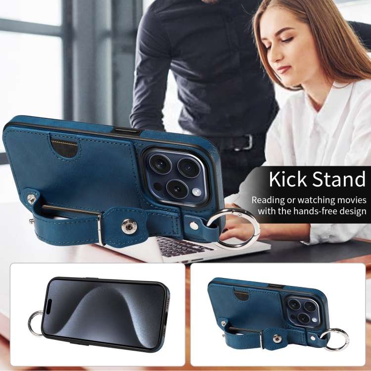 For iPhone 15 Pro Calf Texture Wrist Card Slot Ring Phone Case(Blue)
