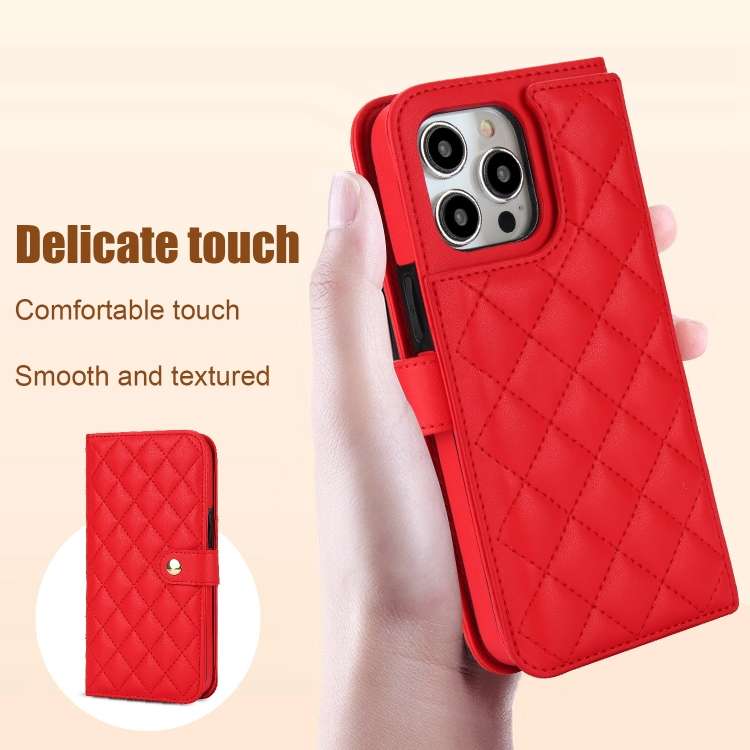 For iPhone 13 Pro Crossbody Multifunction Rhombic Leather Phone Case(Red)