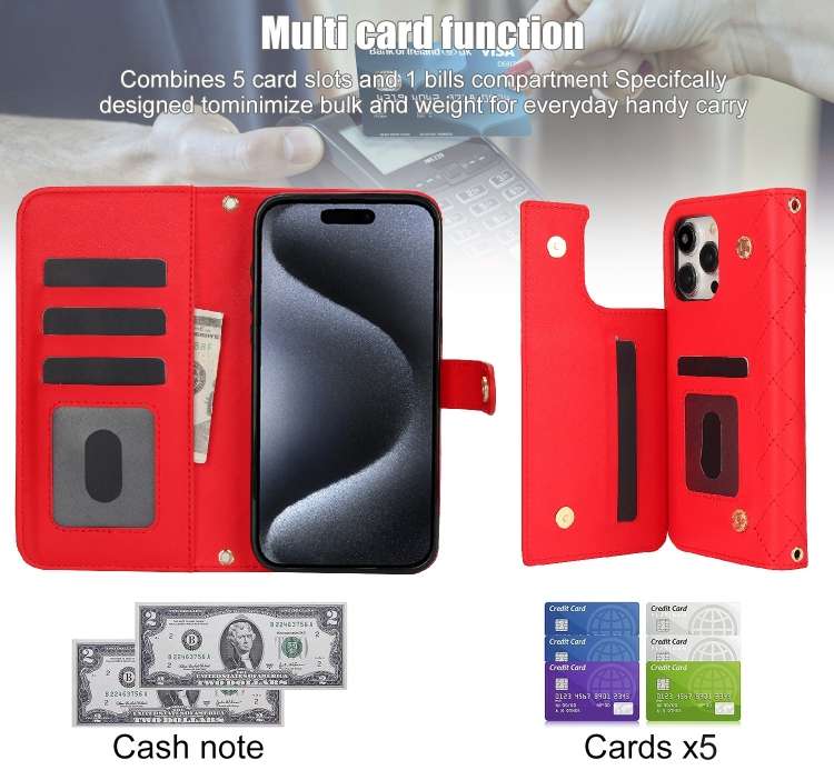 For iPhone 13 Pro Crossbody Multifunction Rhombic Leather Phone Case(Red)