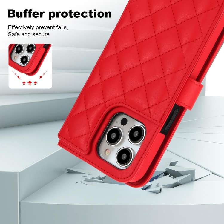 For iPhone 13 Pro Crossbody Multifunction Rhombic Leather Phone Case(Red)