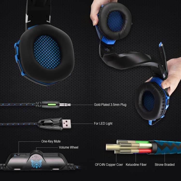 ONIKUMA K2A Over Ear Bass Stereo Surround Gaming Headphone with Microphone & LED Lights(Black Blue)