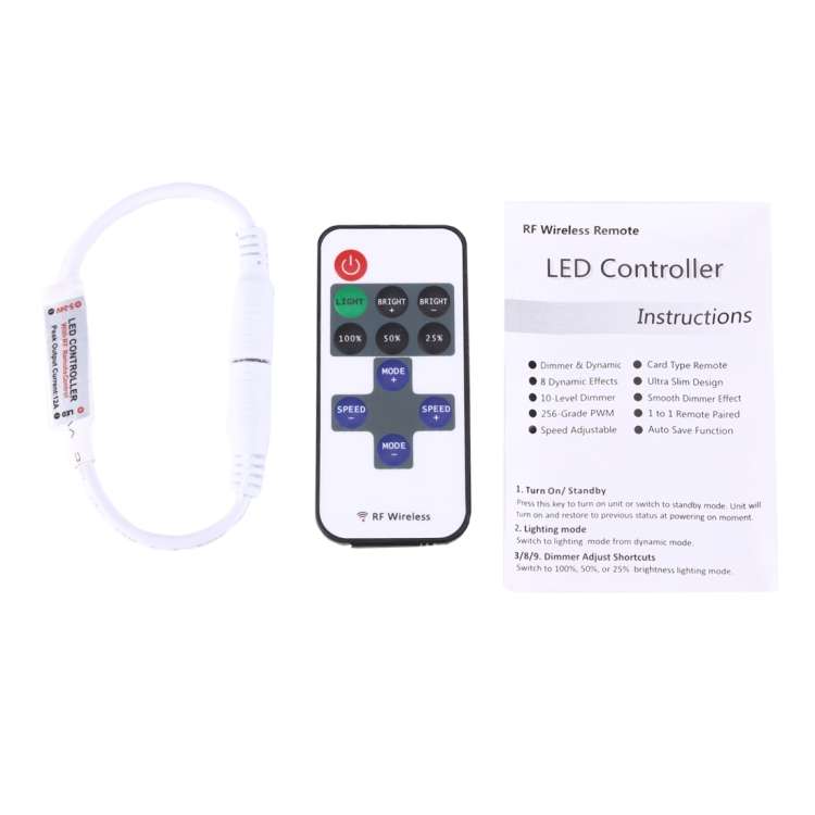 Mini Single Color LED Controller with 11 Keys RF Remote Control, DC 5-24V(White)