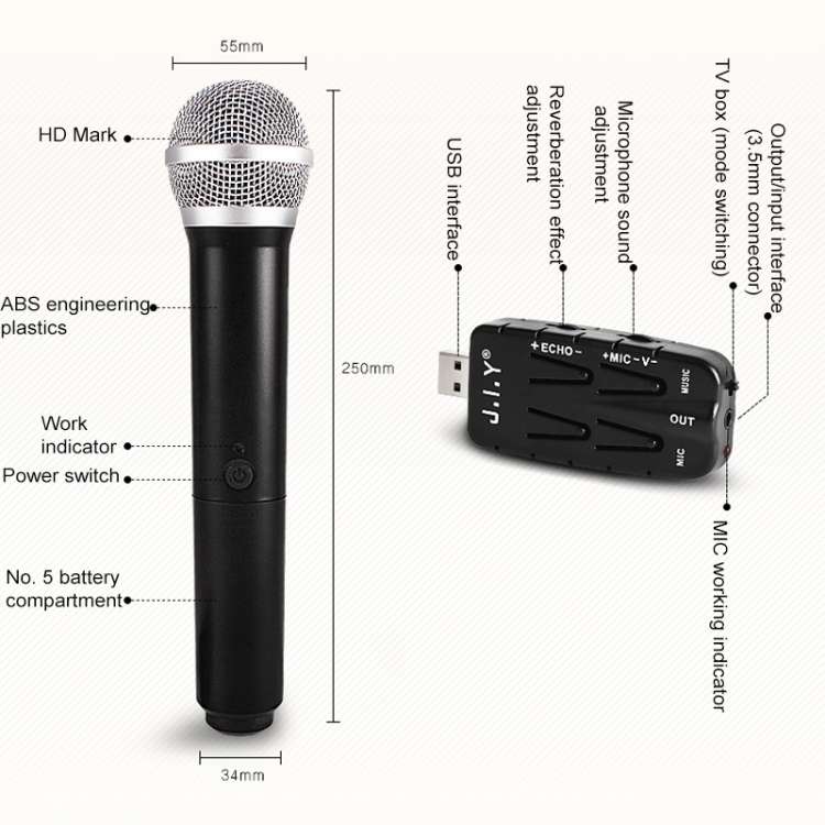 J.I.Y 2 in 1 K Song Wireless Microphones for TV PC with Audio Card USB Receiver (Black)