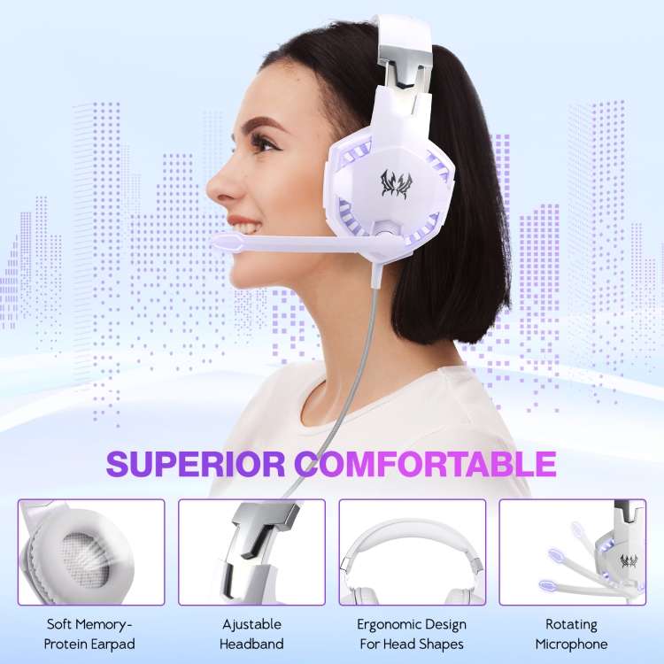 KOTION EACH G2000 Over-ear Gaming Headset with Mic Stereo Bass LED Light,Cable Length: 2.2m(White)
