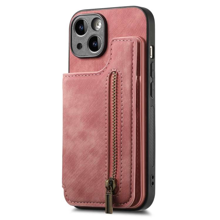 For iPhone 13 Retro Leather Zipper Wallet Back Phone Case(Pink)