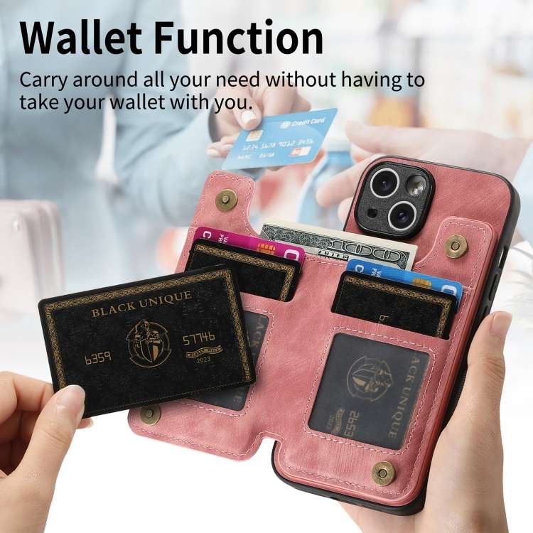 For iPhone 13 Retro Leather Zipper Wallet Back Phone Case(Pink)