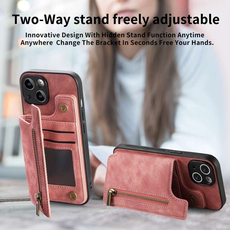 For iPhone 13 Retro Leather Zipper Wallet Back Phone Case(Pink)