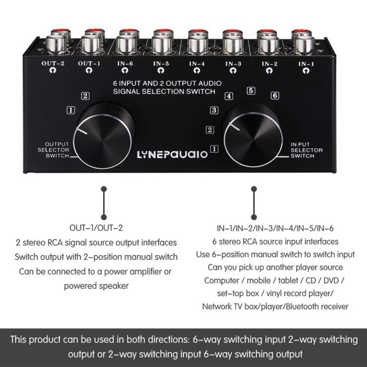 B026 6 Input 2 Output Or 2 Input 6 Output Audio Signal Source Selection Switcher RCA Port