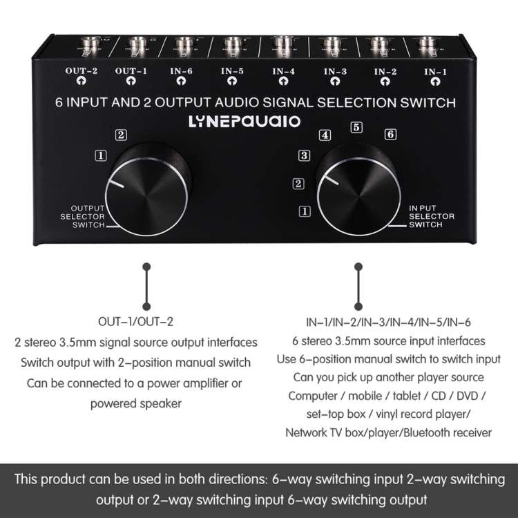 B027 6 input 2 output or 2 input 6 output audio signal source selection switcher 3.5mm interface
