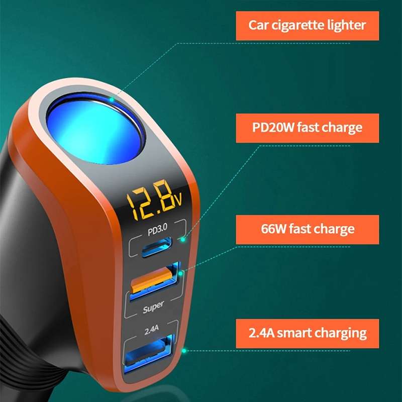 Ozio DY48TC 188W Type-C + USB Dual Port Multi-function Car Charger with Cigarette Lighter (Orange)