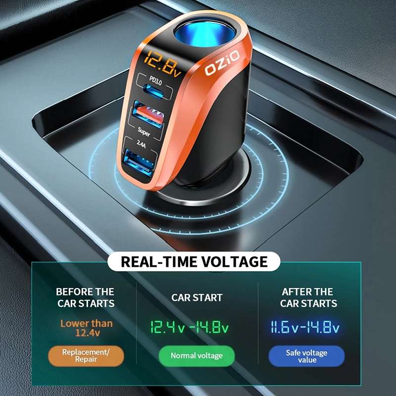 Ozio DY48TC 188W Type-C + USB Dual Port Multi-function Car Charger with Cigarette Lighter (Orange)