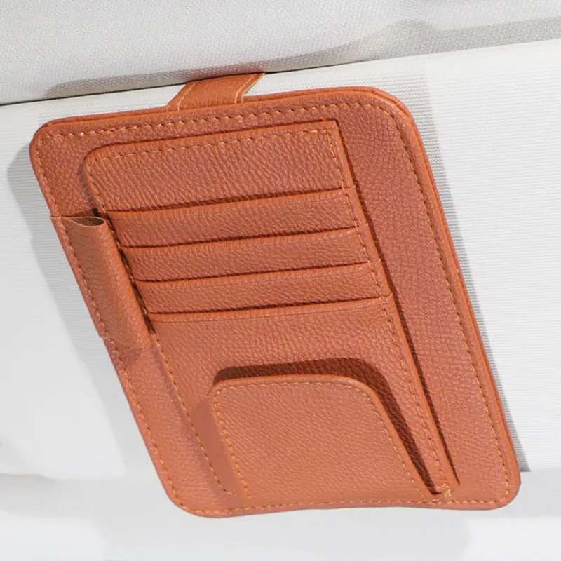 Multifunctional Car Litchi Pattern Glasses Holder Sun Visor Bill Holder (Beige)