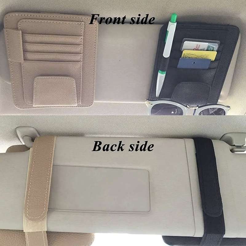 Multifunctional Car Litchi Pattern Glasses Holder Sun Visor Bill Holder (Beige)