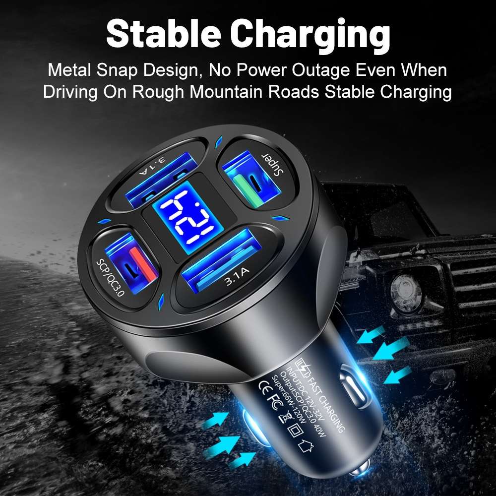 66W 4 in 1 Digital Display Fast Charging Car Charger with Voltmeter (Black)