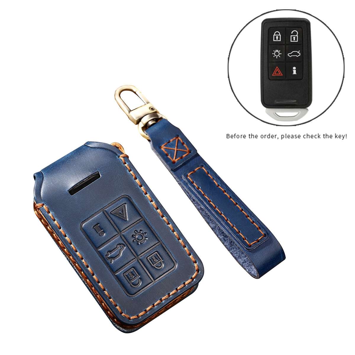 Hallmo Car Cowhide Leather Key Protective Cover Key Case for Volvo 6-button(Black)