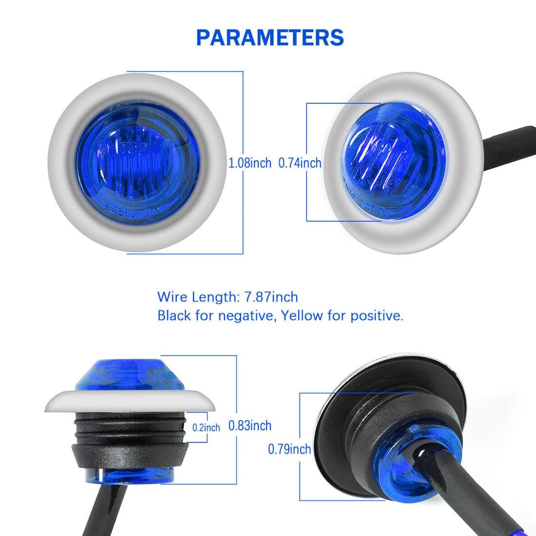10 PCS MK-118 3/4 inch Metal Frame Car / Truck 3LEDs Side Marker Indicator Lights ... (Blue Light)