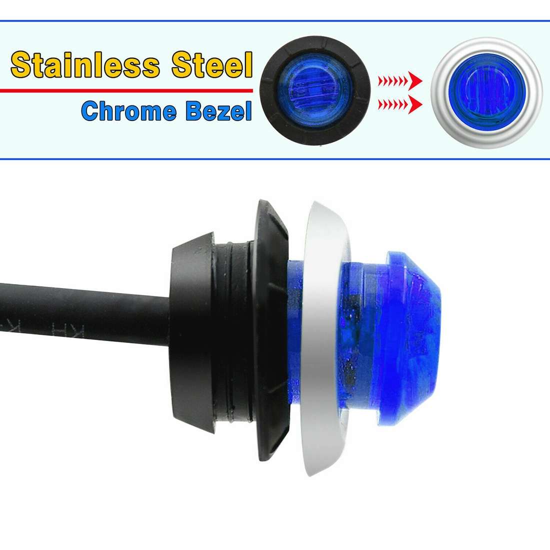 10 PCS MK-118 3/4 inch Metal Frame Car / Truck 3LEDs Side Marker Indicator Lights ... (Blue Light)