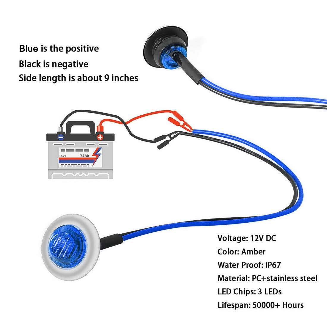 10 PCS MK-118 3/4 inch Metal Frame Car / Truck 3LEDs Side Marker Indicator Lights ... (Blue Light)