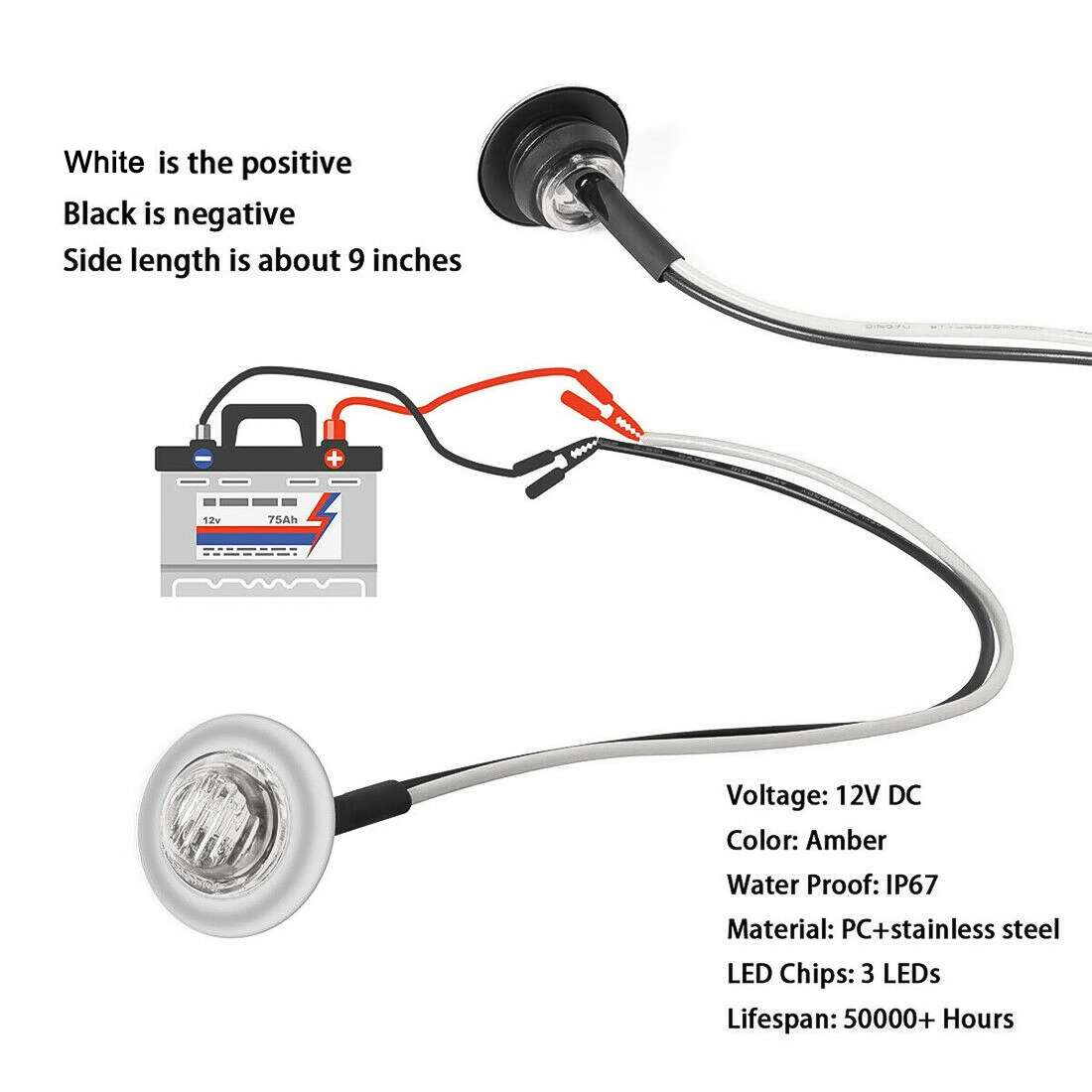 10 PCS MK-118 3/4 inch Metal Frame Car / Truck 3LEDs Side Marker Indicator Light ... (White Light)