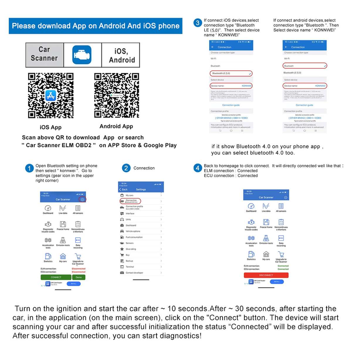 KONNWEI KW901 Android Phone OBD2 Car Bluetooth 5.0 Diagnostic Scan Tools(Black)
