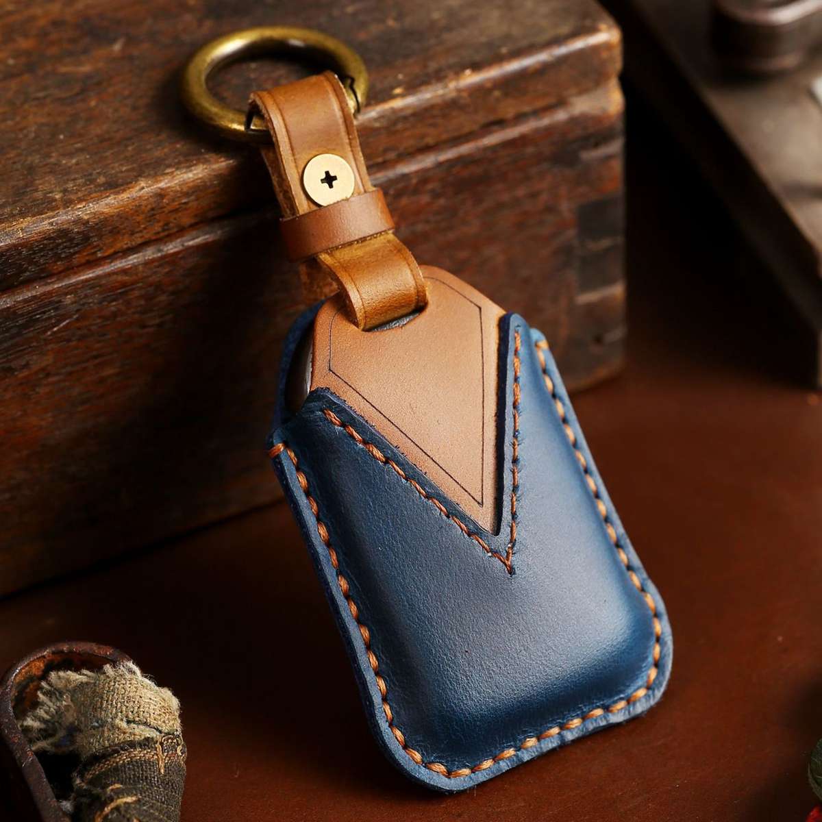 For Honda Car Cowhide Leather Key Protective Cover Key Case, Three Keys Tailgate Version (Blue)