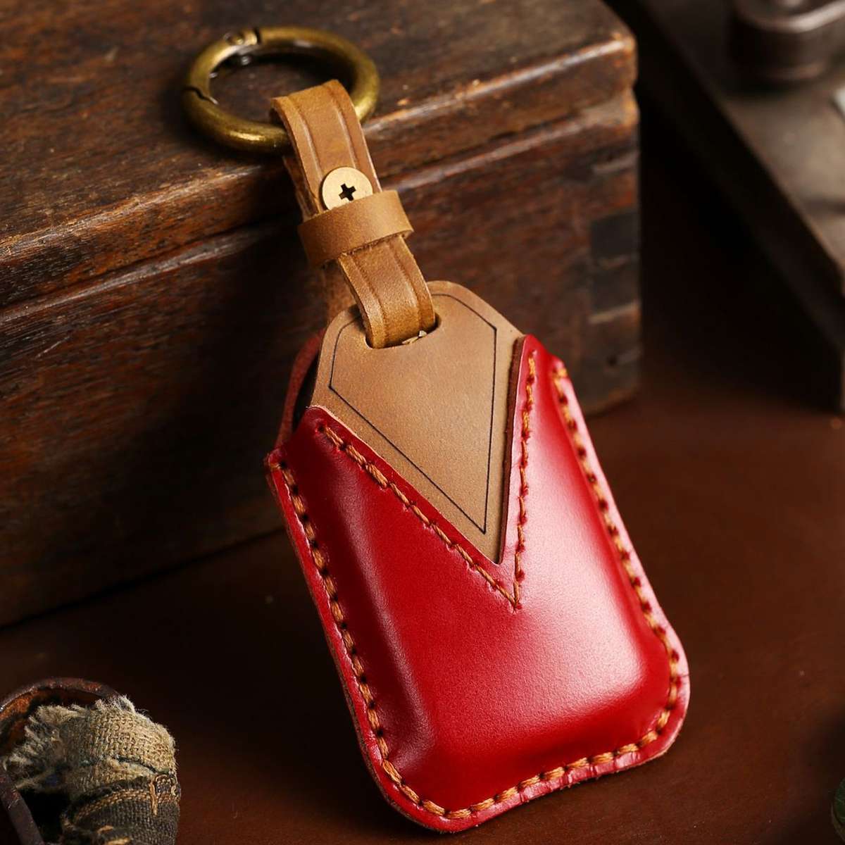 For Honda Car Cowhide Leather Key Protective Cover Key Case, Three Keys Tailgate Version (Blue)